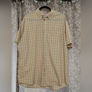 Van Heusen Men's Short-Sleeve Yellow Button-Down Shirt with Blue Windowpane